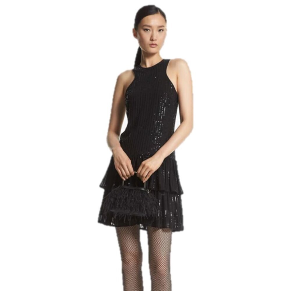 NEW Michael Kors Pinstripe Sequined Georgette Halter Dress in Black​